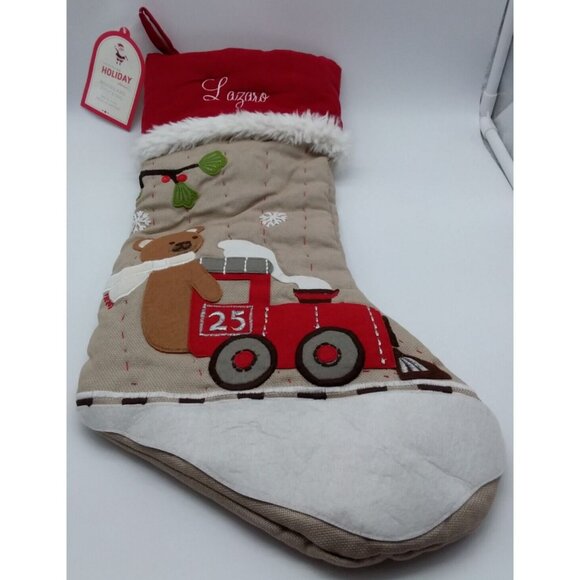 Pottery Barn Kids Lazaro Bear on Train Christmas Stocking Holiday Xmas Quilted - Picture 10 of 10